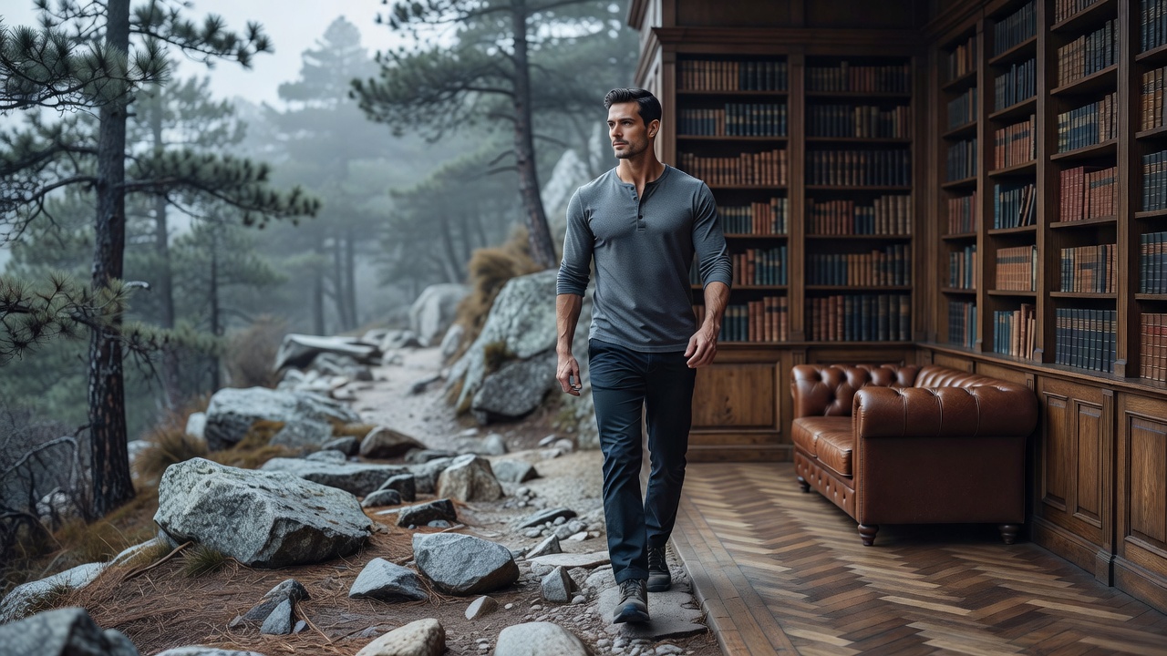 Impressie: een man in leisteen henley loopt van een mistig bergpad een bibliotheek binnen; het rotspad gaat over in parket