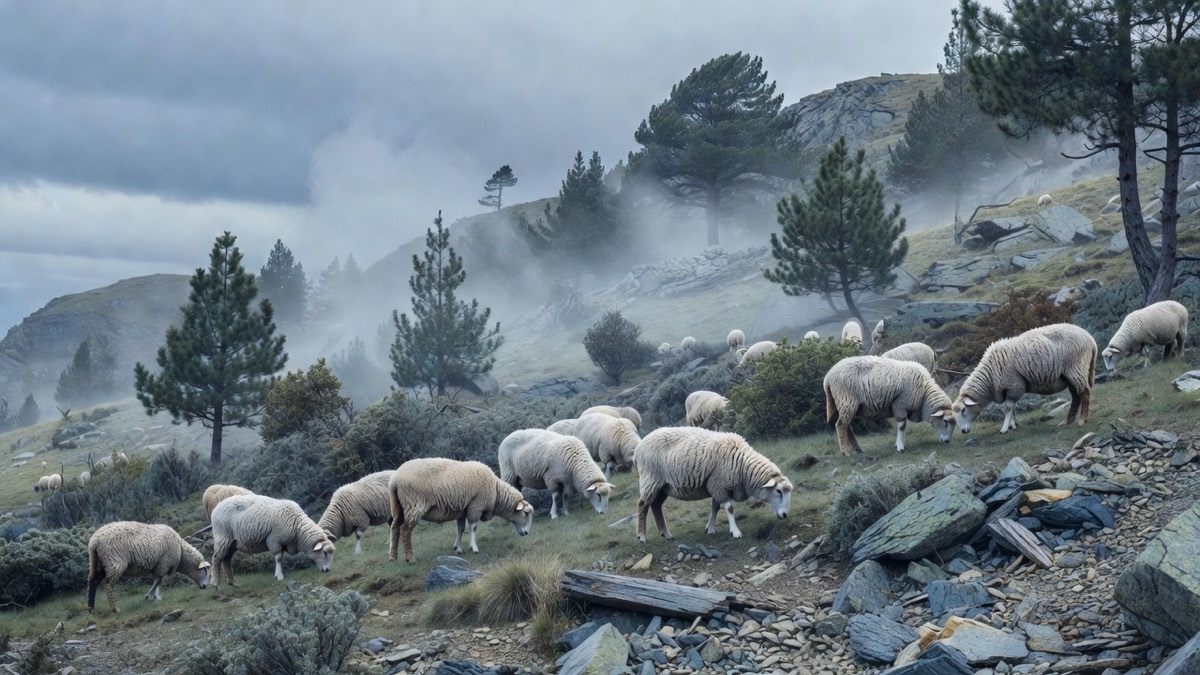 Impressie: merinoschapen grazen op een mistige rotsachtige berghelling tussen dennen